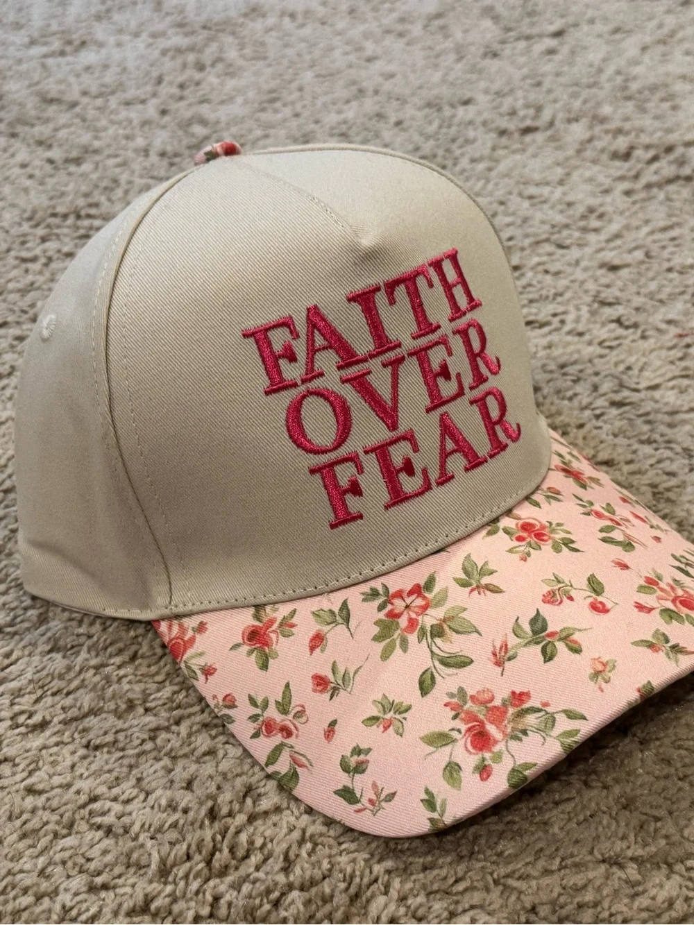 Faith Over Fear Floral Baseball Cap - Pink & Cream